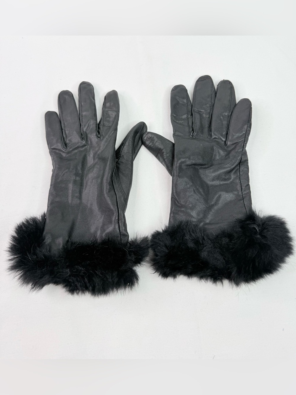 Vintage Black Goat Skin Leather Rabbit Fur Trim Gloves Size Medium/Large